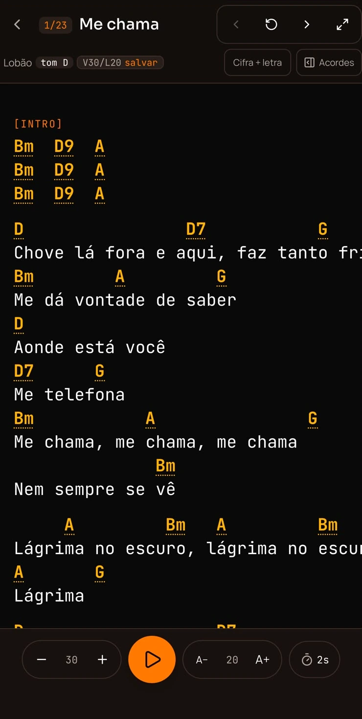 Teleprompter com letra e cifra para o artista
