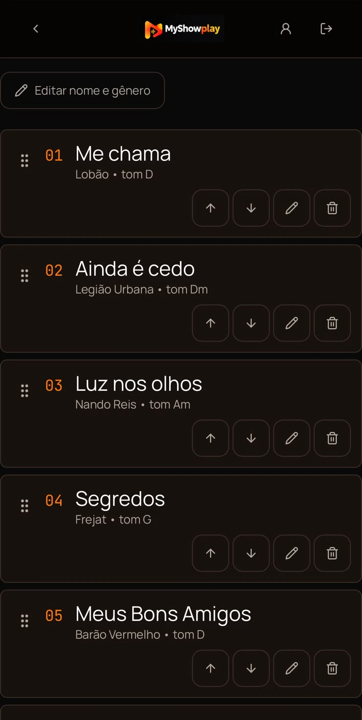 Lista de músicas de um repertório