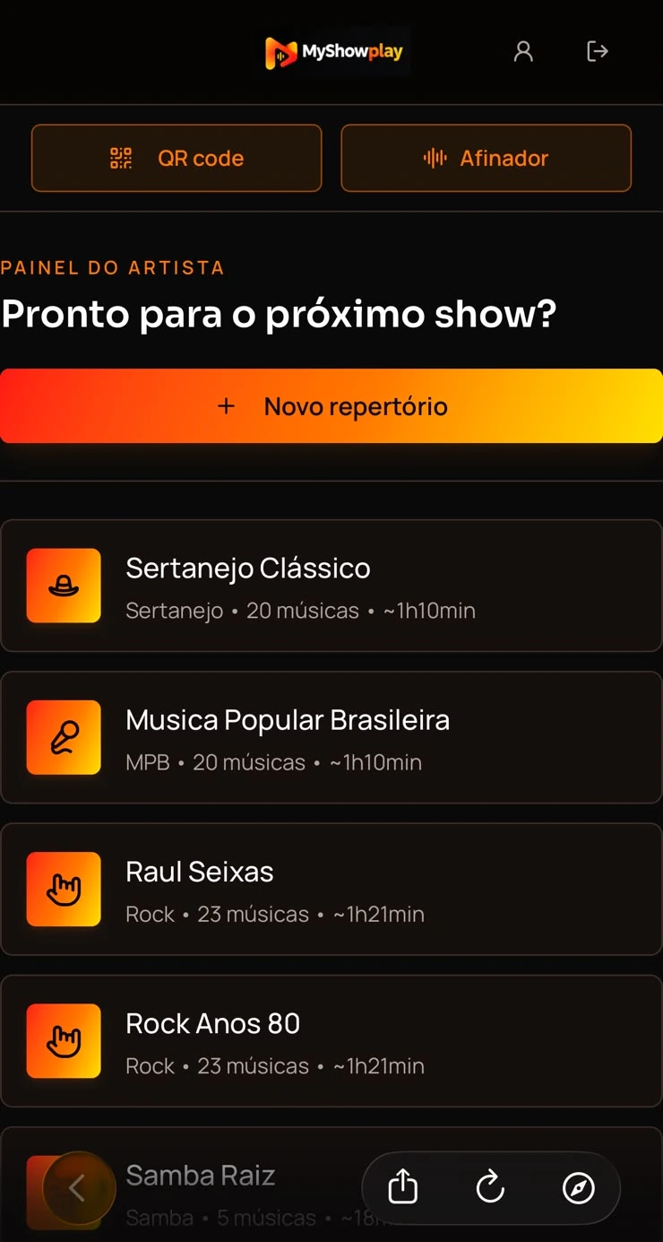 Tela de repertórios do My Show Play