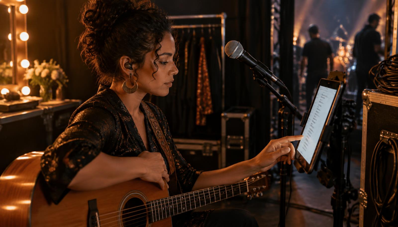 Músicos organizando repertório e equipamentos antes de uma apresentação ao vivo