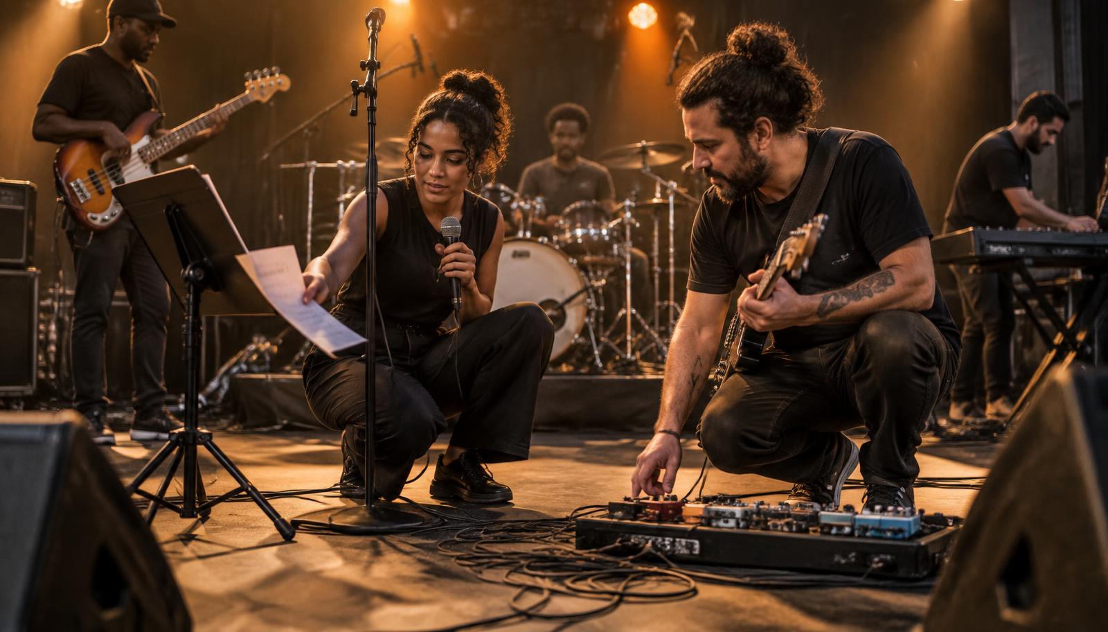 Músico revisando sua rotina de palco antes de uma apresentação ao vivo