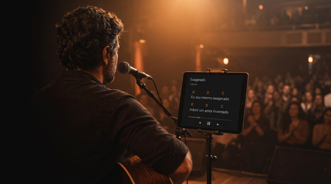Visão por trás do músico no palco, lendo letras e cifras do My Show Play no tablet